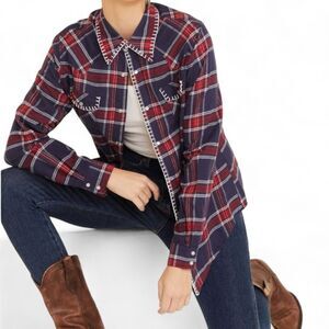 Nikki Erin Whipstitch Pearl Snap Flap Pocket Plaid Flannel Western Shirt